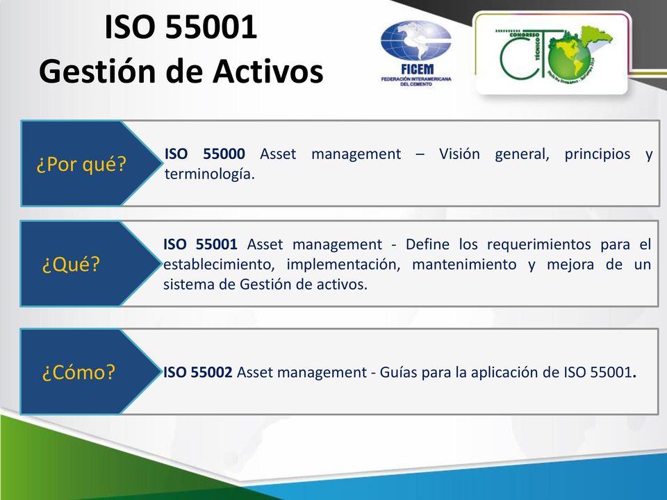 ISO 55001 Asset management - Define los requerimientos para el establecimiento,