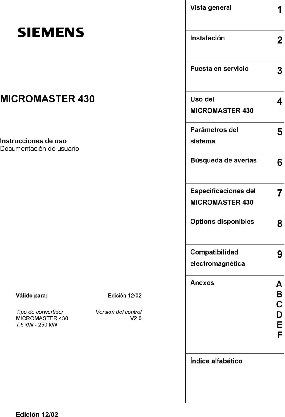 MICROMASTER 430 7 Options disponibles 8 Compatibilidad electromagnética 9 Válido para: Edición 12/02 Tipo de