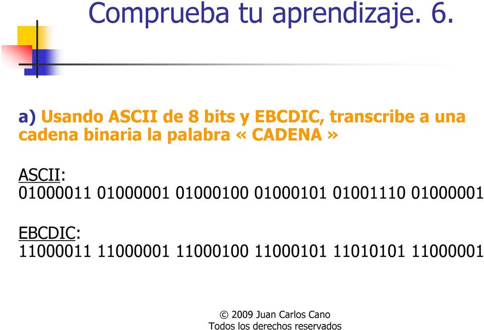 binaria la palabra «CADENA» ASCII: 01000011 01000001