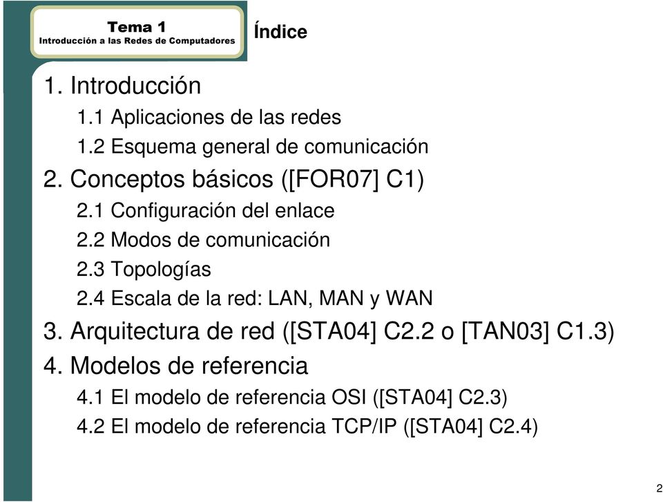 3 Topologías 2.4 Escala de la red: LAN, MAN y WAN 3. Arquitectura de red ([STA04] C2.2 o [TAN03] C1.