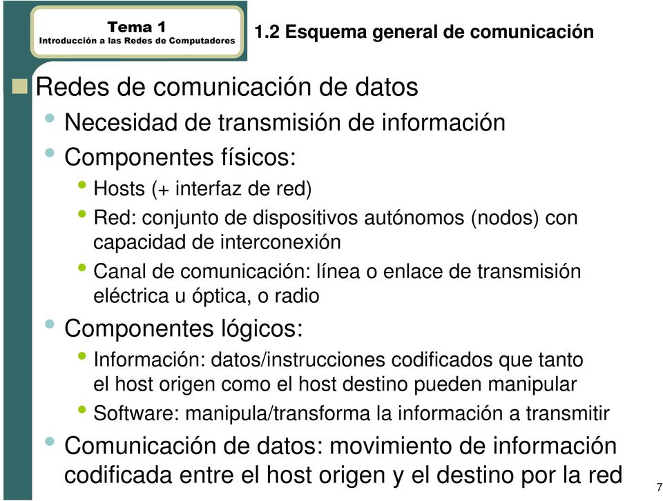 óptica, o radio Componentes lógicos: Información: datos/instrucciones codificados que tanto el host origen como el host destino pueden manipular