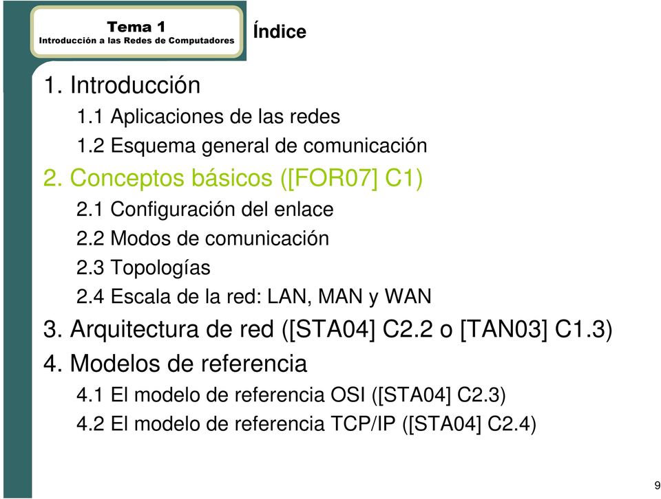 3 Topologías 2.4 Escala de la red: LAN, MAN y WAN 3. Arquitectura de red ([STA04] C2.2 o [TAN03] C1.