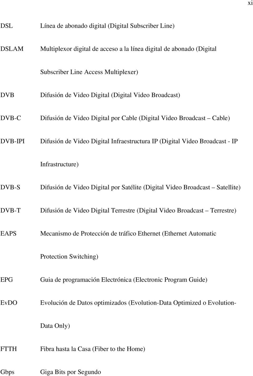 DVB-S Difusión de Video Digital por Satélite (Digital Video Broadcast Satellite) DVB-T Difusión de Video Digital Terrestre (Digital Video Broadcast Terrestre) EAPS Mecanismo de Protección de tráfico