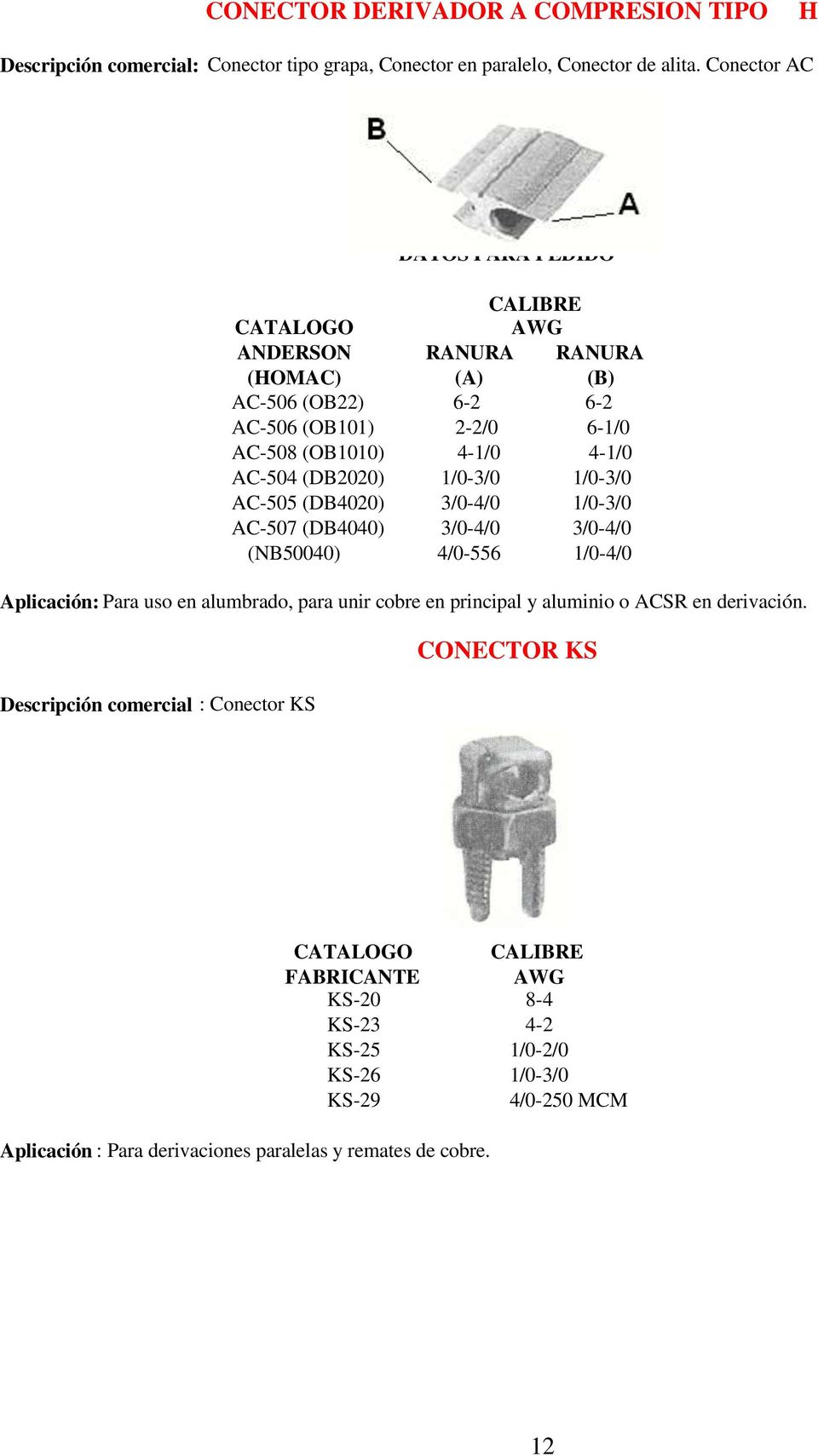 1/0-3/0 AC-505 (DB4020) 3/0-4/0 1/0-3/0 AC-507 (DB4040) 3/0-4/0 3/0-4/0 (NB50040) 4/0-556 1/0-4/0 Aplicación: Para uso en alumbrado, para unir cobre en principal y aluminio o