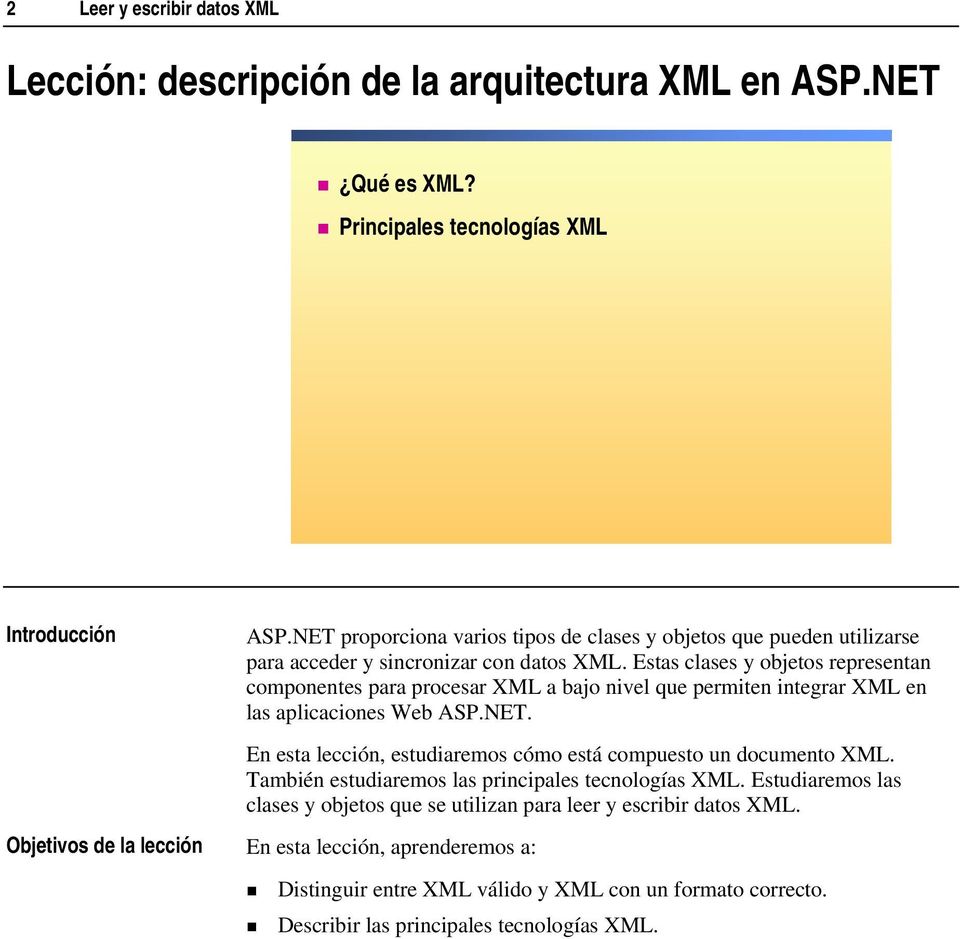 Estas clases y objetos representan componentes para procesar XML a bajo nivel que permiten integrar XML en las aplicaciones Web ASP.NET.