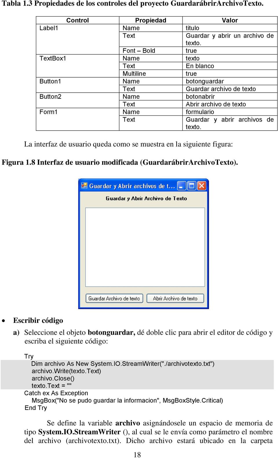 Guardar y abrir archivos de texto. La interfaz de usuario queda como se muestra en la siguiente figura: Figura 1.8 Interfaz de usuario modificada (GuardarábrirArchivoTexto).