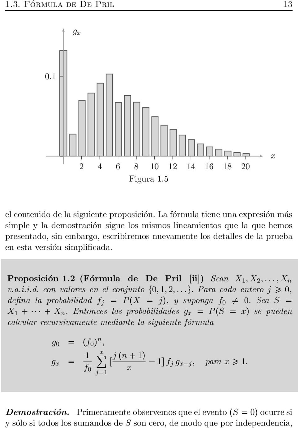 simplificada. Proposición 1.2 (Fórmula de De Pril [ii]) Sean X 1,X 2,...,X n v.a.i.i.d. con valores en el conjuntoø0,1,2,...ù. Para cada entero j 0, defina la probabilidad f j PÔX jõ, y suponga f 0 0.