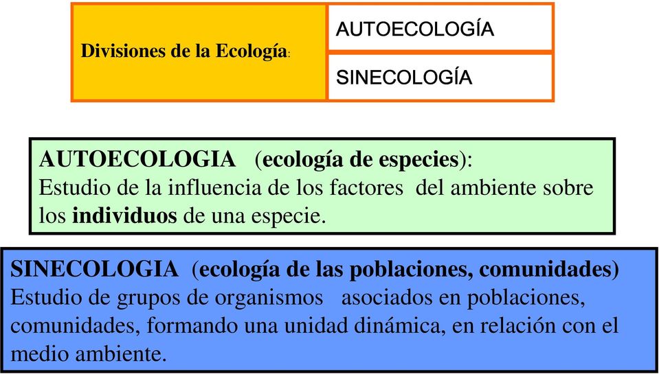 SINECOLOGIA (ecología de las poblaciones, comunidades) Estudio de grupos de organismos