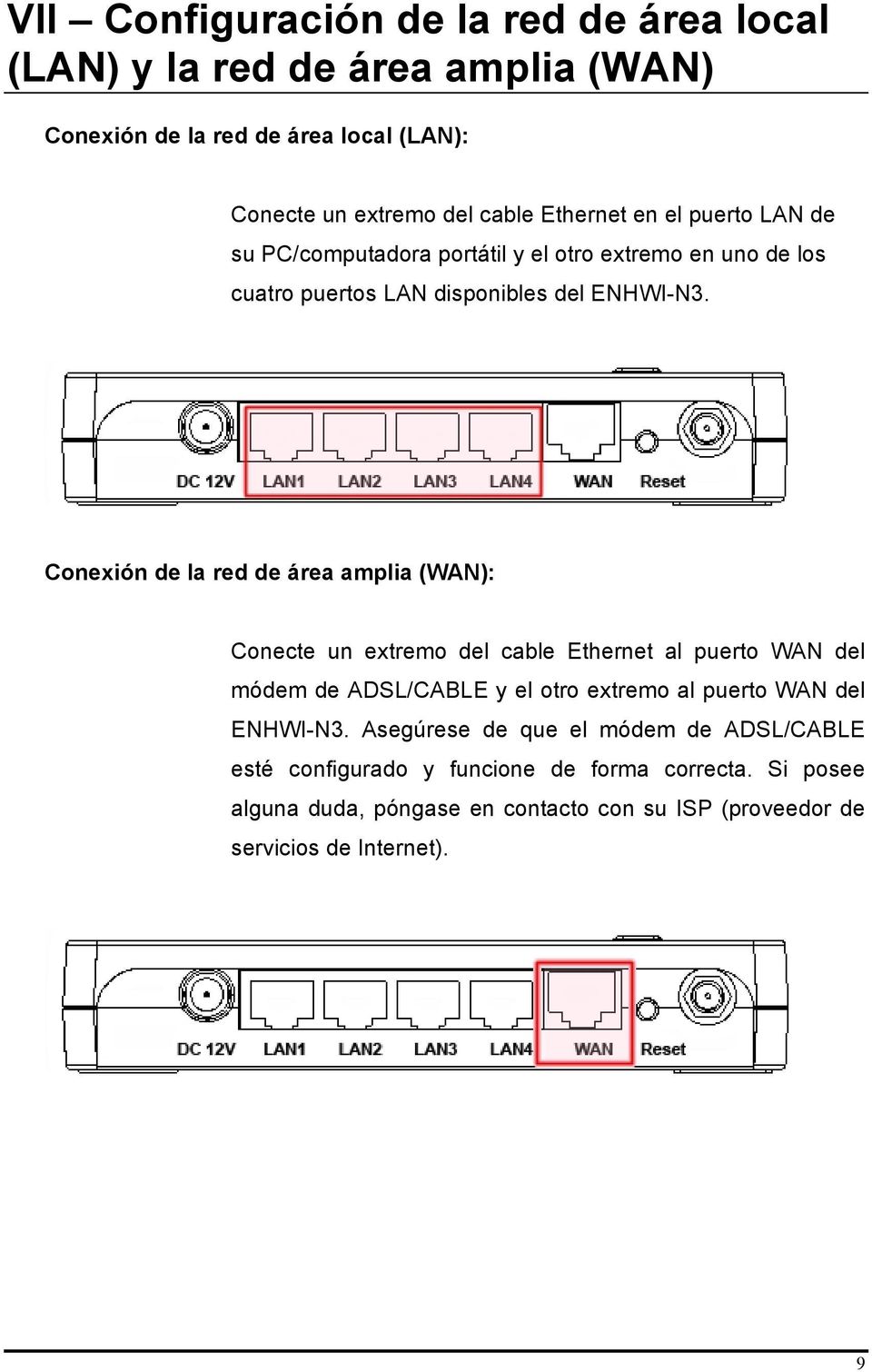 Conexión de la red de área amplia (WAN): Conecte un extremo del cable Ethernet al puerto WAN del módem de ADSL/CABLE y el otro extremo al puerto WAN del
