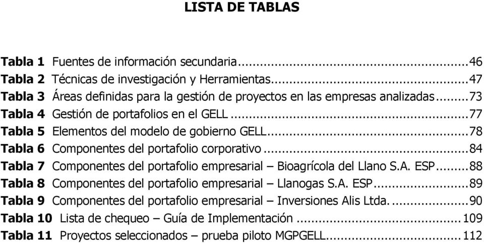 .. 77 Tabla 5 Elementos del modelo de gobierno GELL... 78 Tabla 6 Componentes del portafolio corporativo.