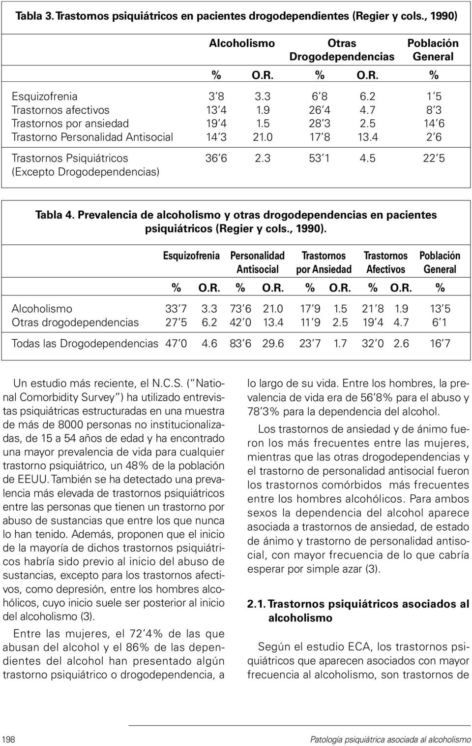 5 22 5 (Excepto Drogodependencias) Tabla 4. Prevalencia de alcoholismo y otras drogodependencias en pacientes psiquiátricos (Regier y cols., 1990).