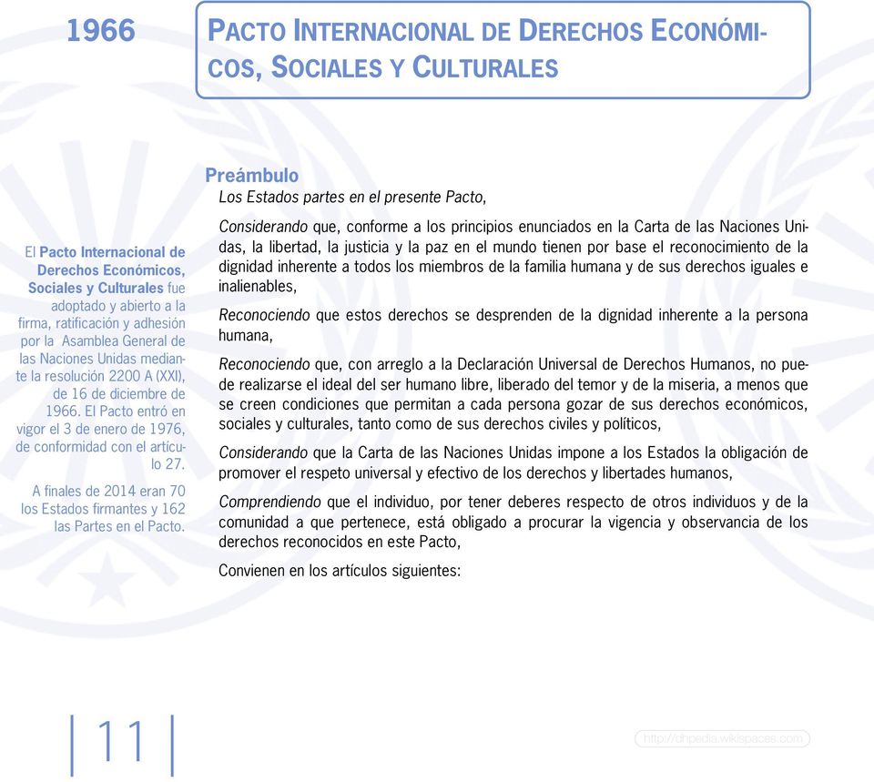 El Pacto entró en vigor el 3 de enero de 1976, de conformidad con el artículo 27. A finales de 2014 eran 70 los Estados firmantes y 162 las Partes en el Pacto.