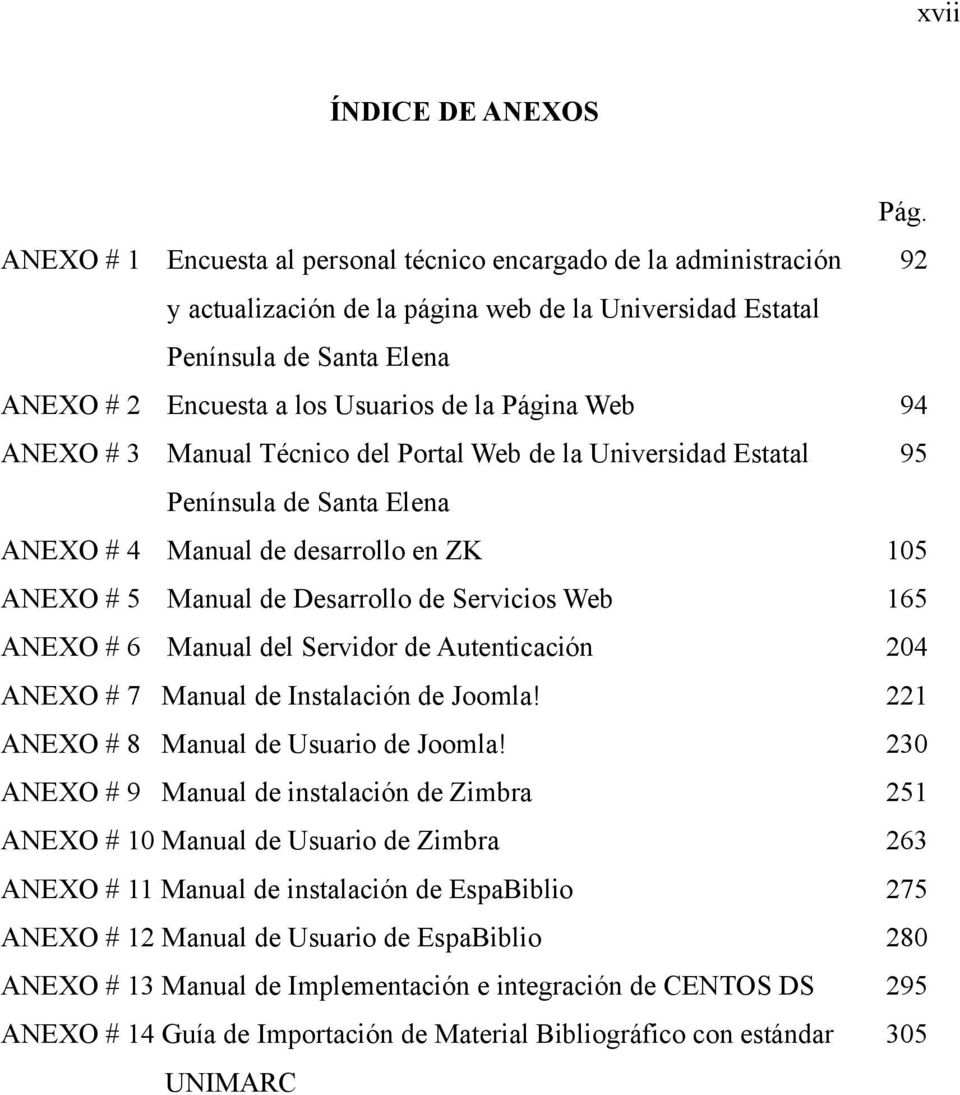Página Web 94 ANEXO # 3 Manual Técnico del Portal Web de la Universidad Estatal 95 Península de Santa Elena ANEXO # 4 Manual de desarrollo en ZK 105 ANEXO # 5 Manual de Desarrollo de Servicios Web
