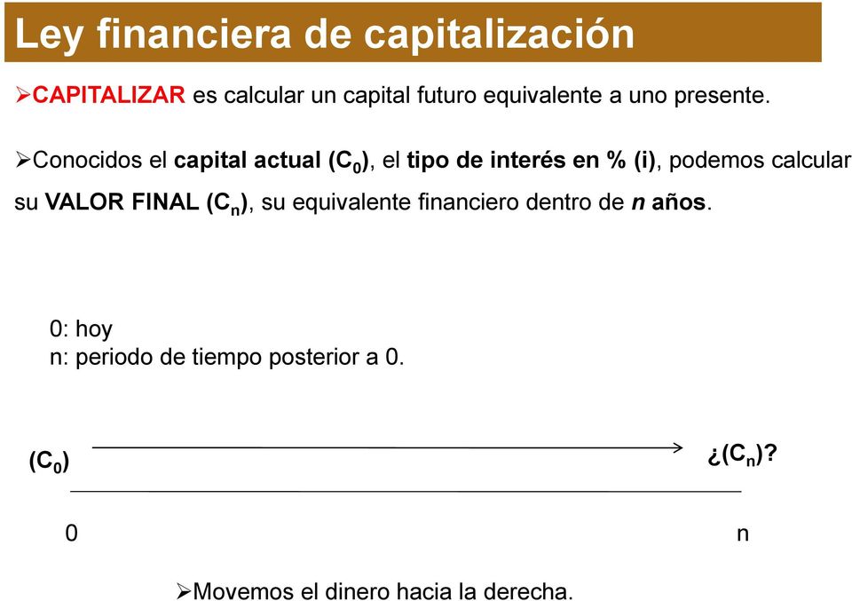 Conocidos el capital actual (C 0 ), el tipo de interés en % (i), podemos calcular su
