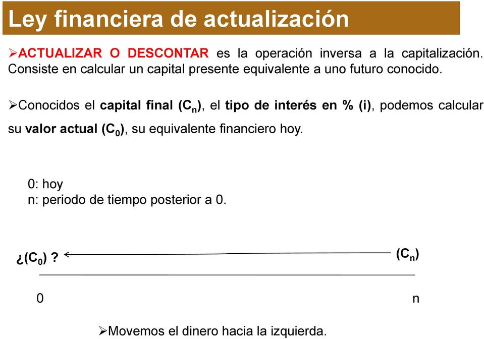 Conocidos el capital final (C n ), el tipo de interés en % (i), podemos calcular su valor actual (C 0