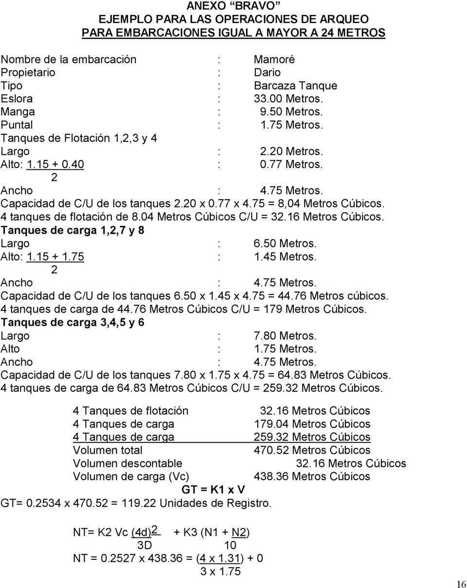 75 = 8,04 Metros Cúbicos. 4 tanques de flotación de 8.04 Metros Cúbicos C/U = 32.16 Metros Cúbicos. Tanques de carga 1,2,7 y 8 Largo : 6.50 Metros. Alto: 1.15 + 1.75 : 1.45 Metros. 2 Ancho : 4.