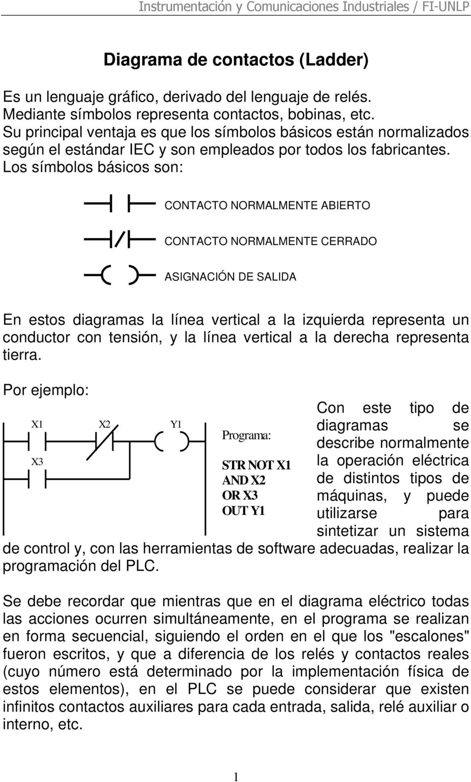 Los símbolos básicos son: CONTACTO NORMALMENTE ABIERTO CONTACTO NORMALMENTE CERRADO ASIGNACIÓN DE SALIDA En estos diagramas la línea vertical a la izquierda representa un conductor con tensión, y la