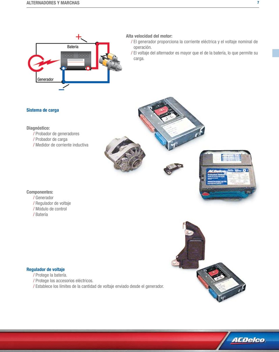Generador Sistema de carga Diagnóstico: / Probador de generadores / Probador de carga / Medidor de corriente inductiva Componentes: / Generador