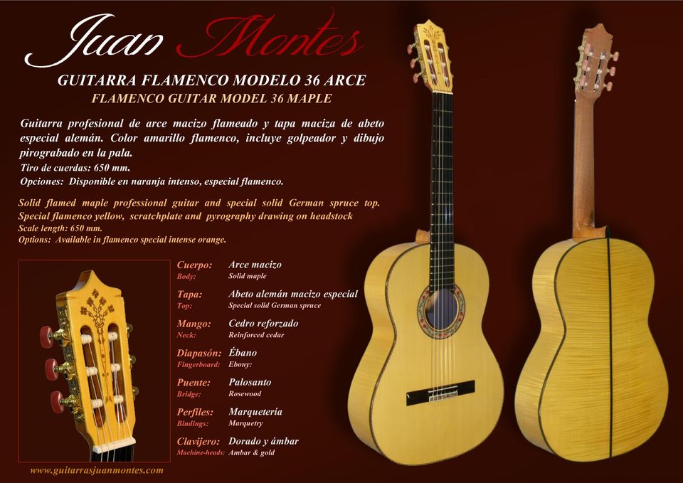 Solid flamed maple professional guitar and special solid German spruce top. Special flamenco yellow, scratchplate and pyrography drawing on headstock Scale length: 650 mm.