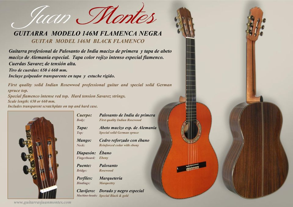 First quality solid Indian Rosewwod professional guitar and special solid German spruce top. Special flamenco intense red top. Hard tension Savarez strings. Scale length: 650 or 660 mm.