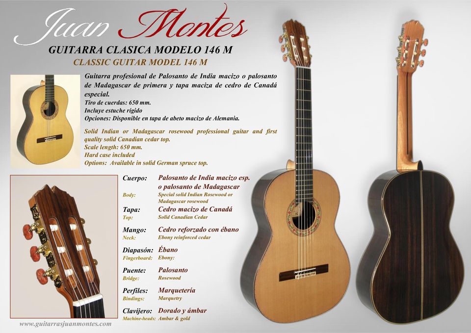 Solid Indian or Madagascar rosewood professional guitar and first quality solid Canadian cedar top. Scale length: 650 mm. Hard case included Options: Available in solid German spruce top.