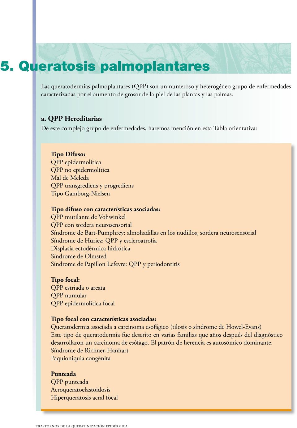 progrediens Tipo Gamborg-Nielsen Tipo difuso con características asociadas: QPP mutilante de Vohwinkel QPP con sordera neurosensorial Síndrome de Bart-Pumphrey: almohadillas en los nudillos, sordera
