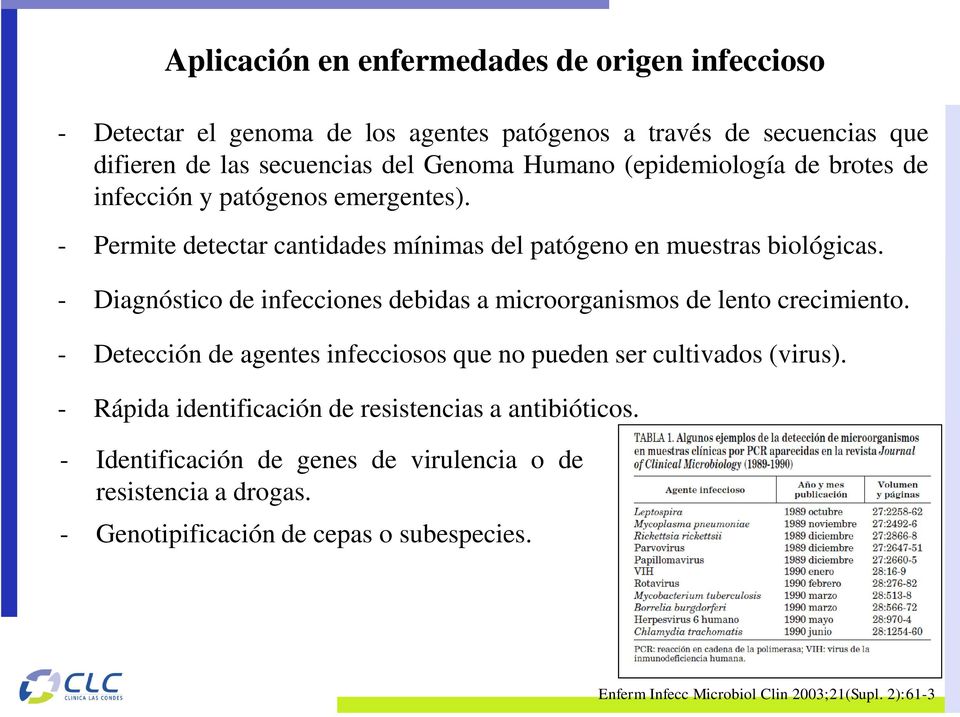 - Diagnóstico de infecciones debidas a microorganismos de lento crecimiento. - Detección de agentes infecciosos que no pueden ser cultivados (virus).