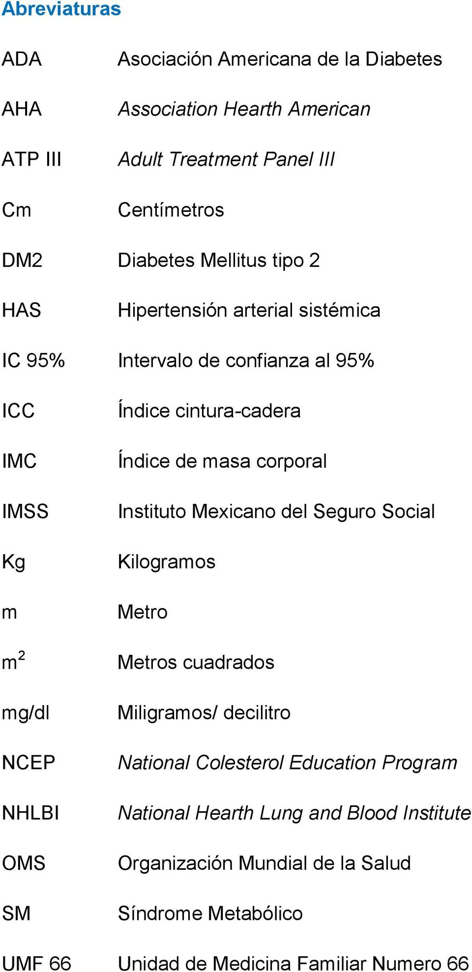 cintura-cadera Índice de masa corporal Instituto Mexicano del Seguro Social Kilogramos Metro Metros cuadrados Miligramos/ decilitro National