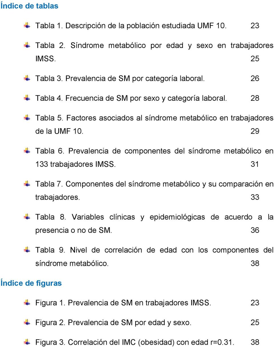 Prevalencia de componentes del síndrome metabólico en 133 trabajadores IMSS. 31 Tabla 7. Componentes del síndrome metabólico y su comparación en trabajadores. 33 Tabla 8.