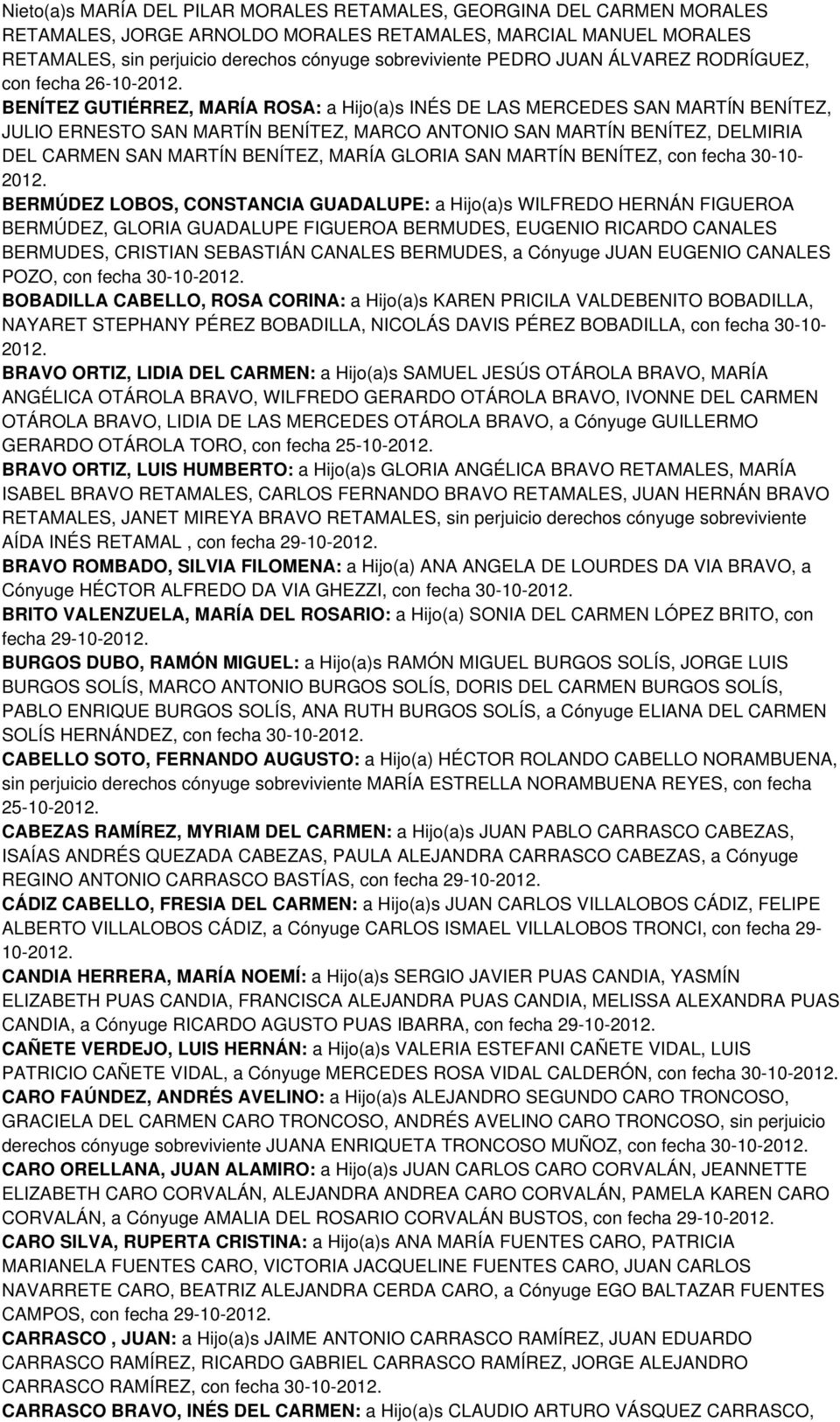 DELMIRIA DEL CARMEN SAN MARTÍN BENÍTEZ, MARÍA GLORIA SAN MARTÍN BENÍTEZ, con fecha 30-10- BERMÚDEZ LOBOS, CONSTANCIA GUADALUPE: a Hijo(a)s WILFREDO HERNÁN FIGUEROA BERMÚDEZ, GLORIA GUADALUPE FIGUEROA