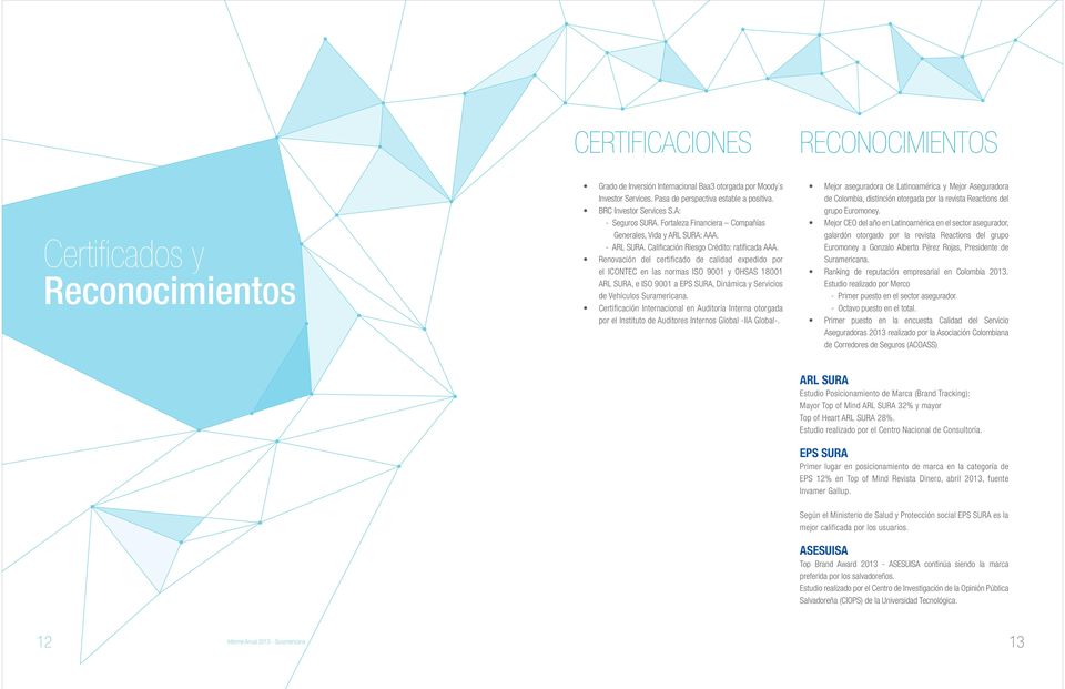 Renovación del certificado de calidad expedido por el ICONTEC en las normas ISO 9001 y OHSAS 18001 ARL SURA, e ISO 9001 a EPS SURA, Dinámica y Servicios de Vehículos Suramericana.