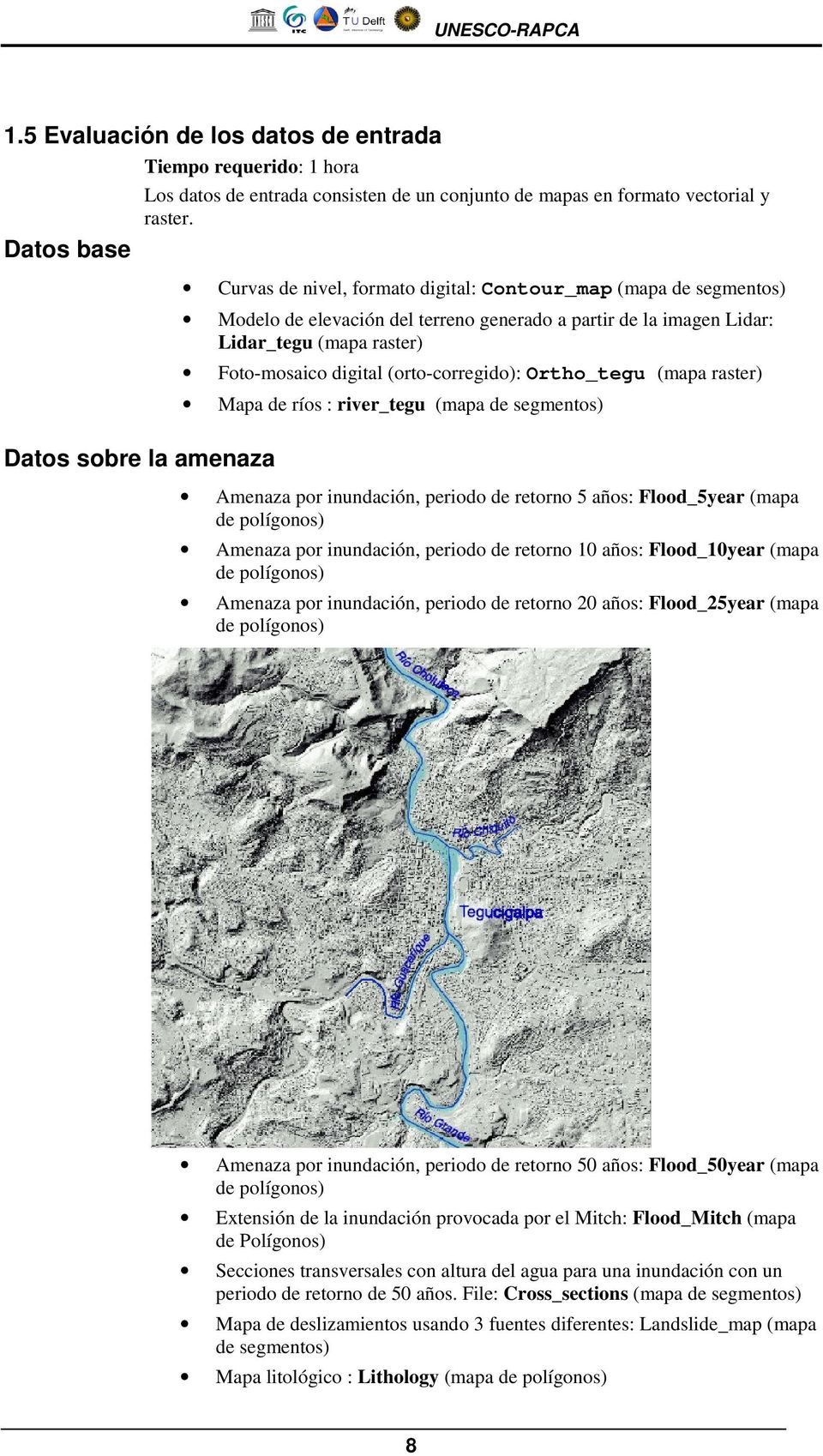 Ortho_tegu (mapa raster) Mapa de ríos : river_tegu (mapa de segmentos) Amenaza por inundación, periodo de retorno 5 años: Flood_5year (mapa de polígonos) Amenaza por inundación, periodo de retorno 10