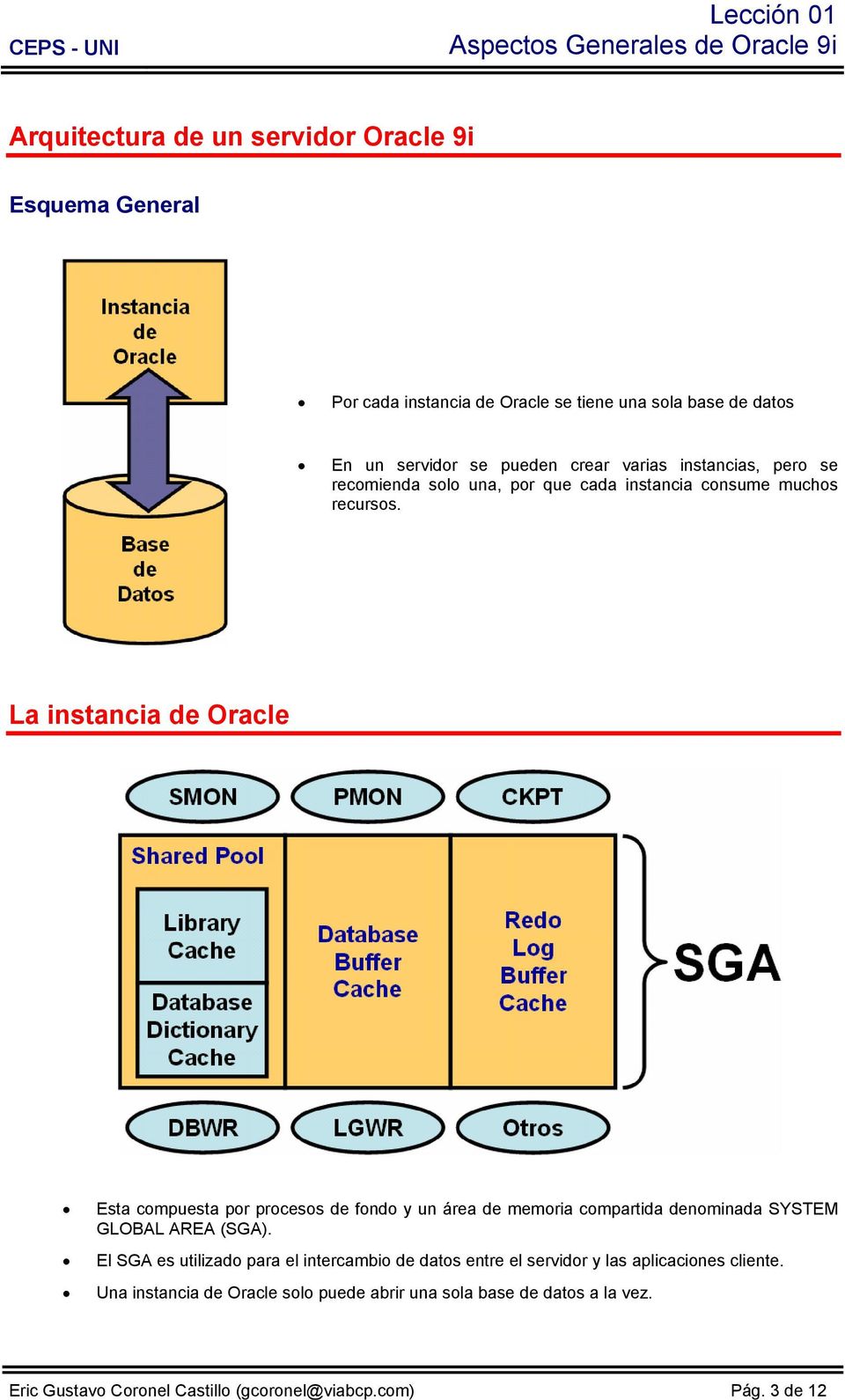 La instancia de Oracle Esta compuesta por procesos de fondo y un área de memoria compartida denominada SYSTEM GLOBAL AREA (SGA).