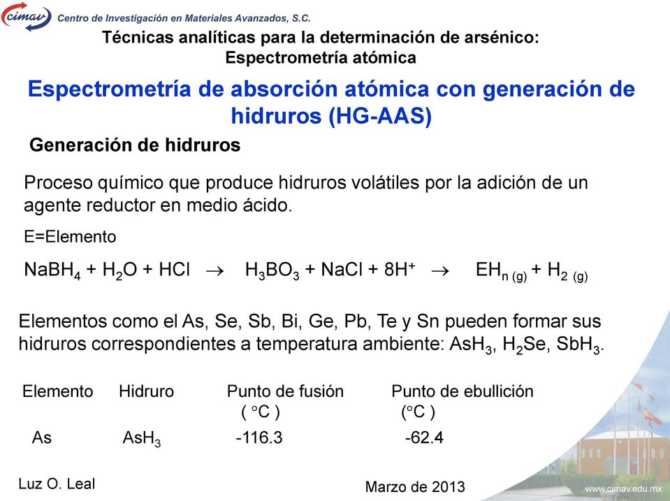E=Elemento NaBH 4 + H 2 O + HCl H 3 BO 3 + NaCl + 8H + EH n (g) + H 2 (g) Elementos como el As, Se, Sb, Bi, Ge, Pb, Te y Sn