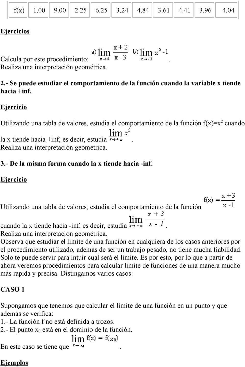 Ejercicio Utilizando una tabla de valores, estudia el comportamiento de la función f() cuando la tiende hacia +inf, es decir, estudia. Realiza una interpretación geométrica. 3.