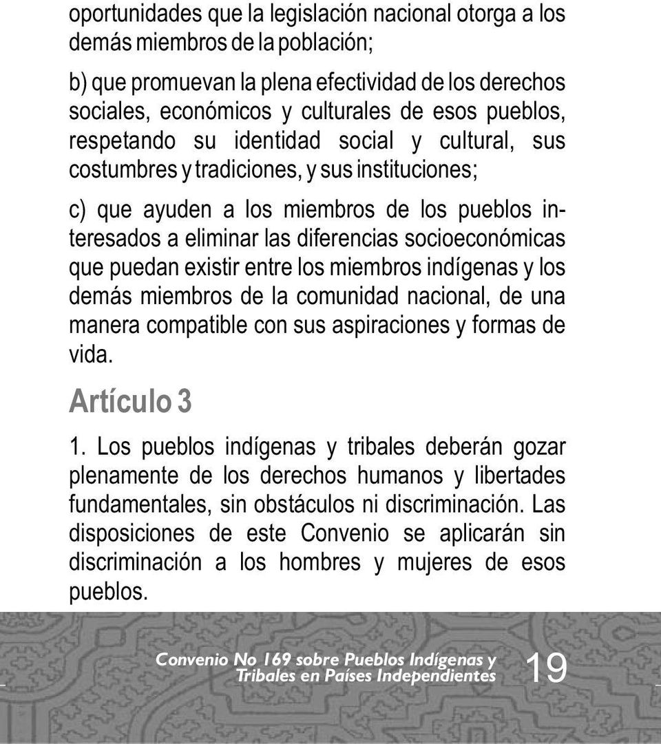 puedan existir entre los miembros indígenas y los demás miembros de la comunidad nacional, de una manera compatible con sus aspiraciones y formas de vida. Artículo 3 1.