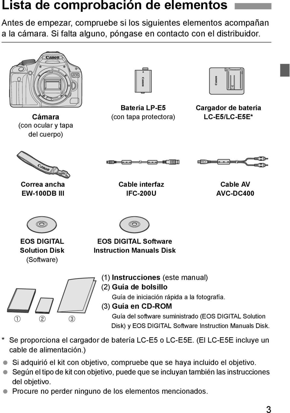 Disk (Software) EOS DIGITAL Software Instruction Manuals Disk (1) Instrucciones (este manual) (2) Guía de bolsillo Guía de iniciación rápida a la fotografía.