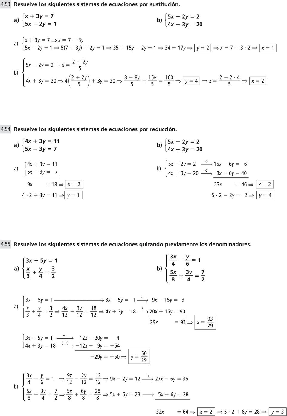 54 Resuelve los siguientes sistemas de ecuaciones por reducción. 4 y 11 a) b) 5 y 7 4 y 11 a) b) 5 y 7 5 y 4 y 0 5 y 15 6y 6 4 y 0 8 6y 40 9 18 46 4 y 11 y 1 5 y y 4 4.