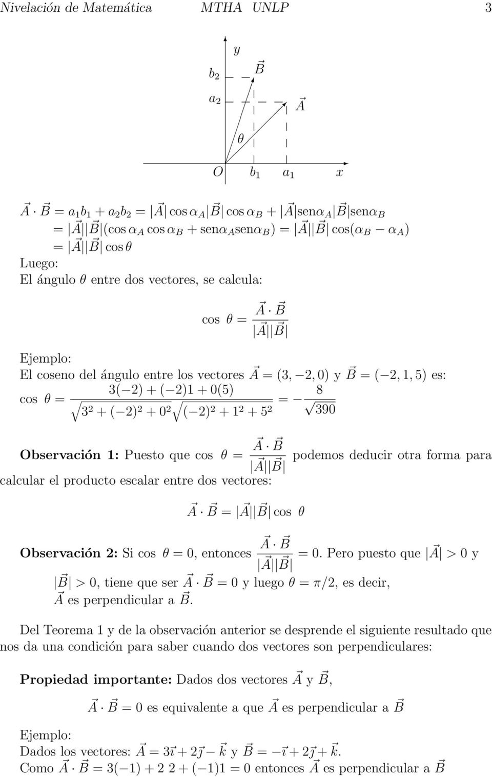 + 0 2 ( 2) 2 + 1 2 + 5 = 8 2 390 A Observación 1: Puesto que cos θ = B A B calcular el producto escalar entre dos vectores: podemos deducir otra forma para A B = A B cos θ A Observación 2: Si cos θ =