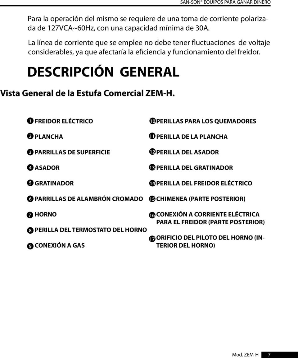 DESCRIPCIÓN GENERAL Vista General de la Estufa Comercial ZEM-H.