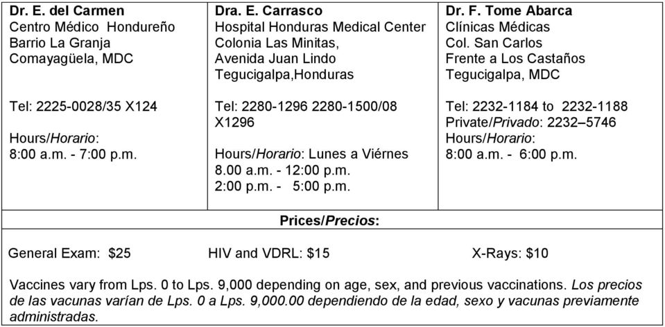 San Carlos Frente a Los Castaños Tegucigalpa, MDC Tel: 2232-1184 to 2232-1188 Private/Privado: 2232 5746 Hours/Horario: 8:00 a.m.