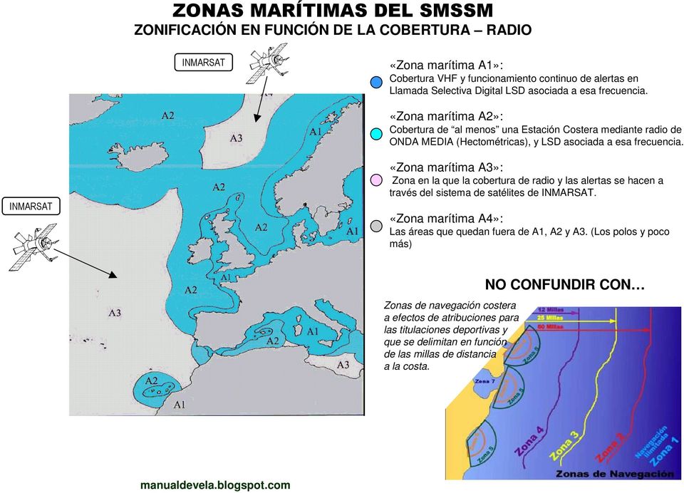 «Zona marítima A3»: Zona en la que la cobertura de radio y las alertas se hacen a través del sistema de satélites de. «Zona marítima A4»: Las áreas que quedan fuera de A1, A2 y A3.