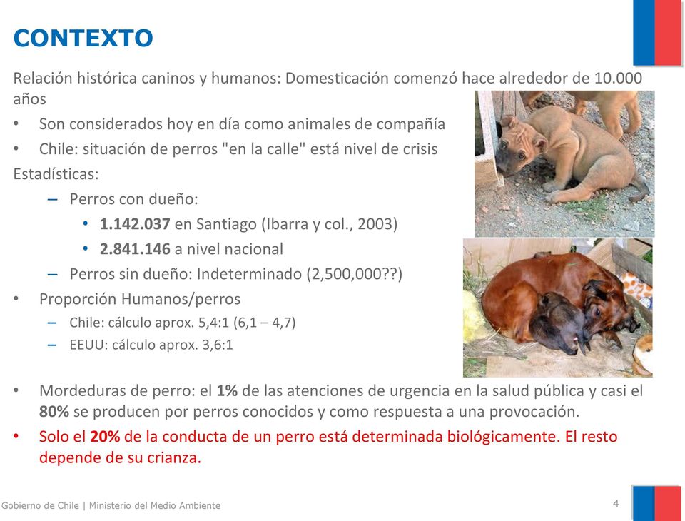 037 en Santiago (Ibarra y col., 2003) 2.841.146 a nivel nacional Perros sin dueño: Indeterminado (2,500,000??) Proporción Humanos/perros Chile: cálculo aprox.