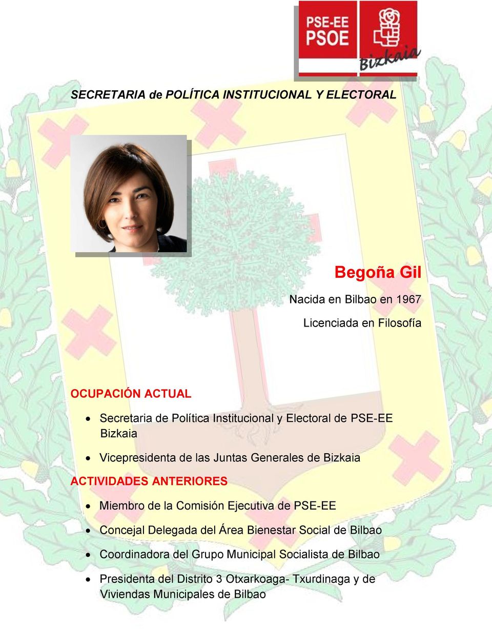 Bizkaia Miembro de la Comisión Ejecutiva de PSE-EE Concejal Delegada del Área Bienestar Social de Bilbao