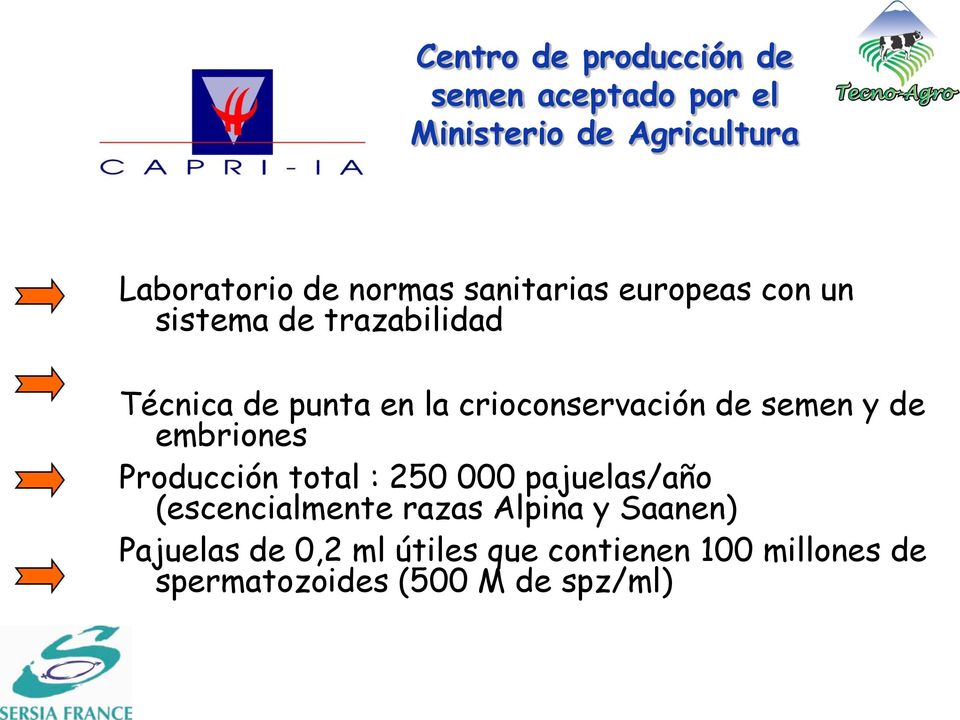 semen y de embriones Producción total : 250 000 pajuelas/año (escencialmente razas Alpina y