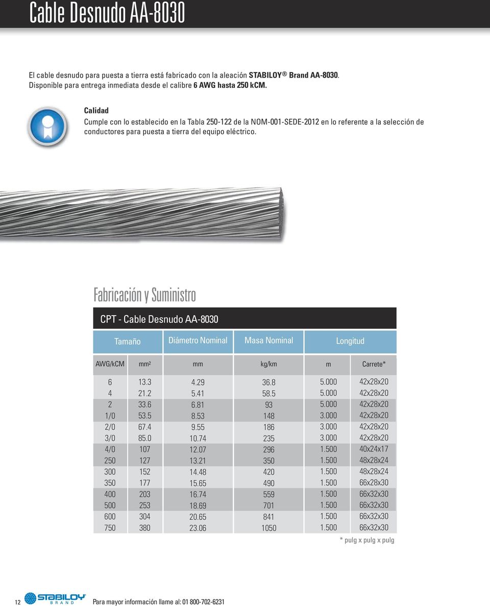 Fabricación y Suministro CPT - Cable Desnudo AA-8030 Tamaño Diámetro Nominal Masa Nominal Longitud AWG/kCM mm mm kg/km m Carrete* 1/0 /0 3/0 /0 50 300 00 500 750 13.3 1. 33. 53.5 7. 85.