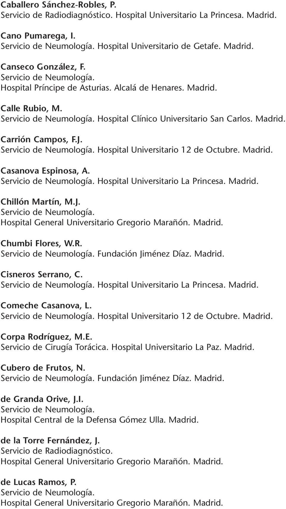 Servicio de Neumología. Hospital Universitario 12 de Octubre. Madrid. Casanova Espinosa, A. Servicio de Neumología. Hospital Universitario La Princesa. Madrid. Chillón Martín, M.J.