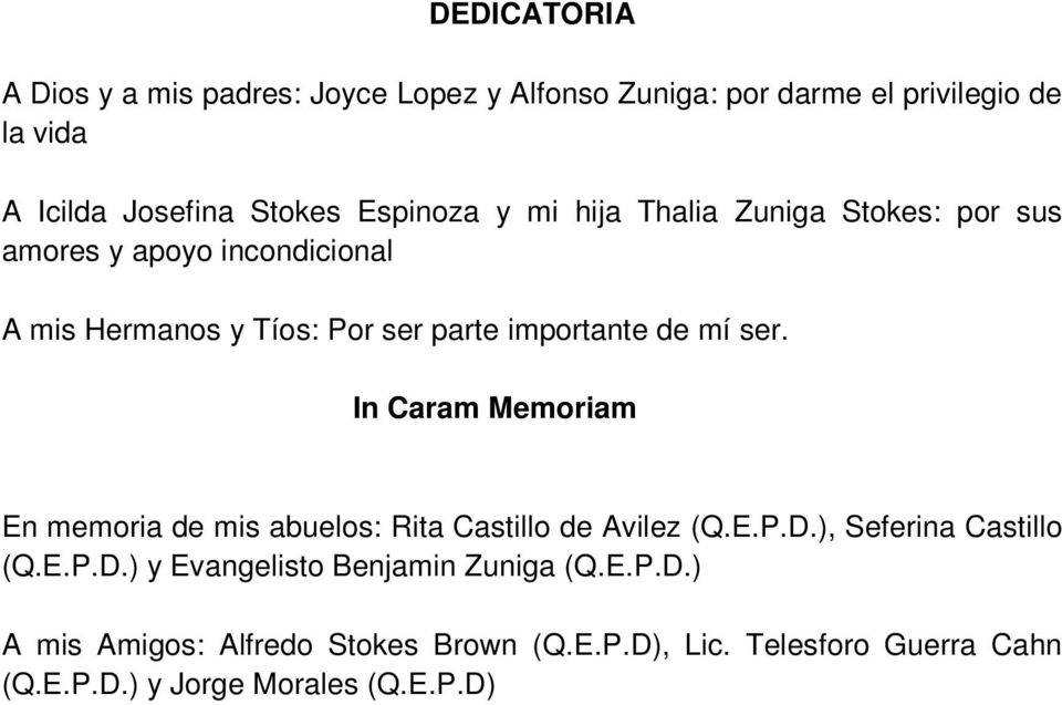 mí ser. In Caram Memoriam En memoria de mis abuelos: Rita Castillo de Avilez (Q.E.P.D.), Seferina Castillo (Q.E.P.D.) y Evangelisto Benjamin Zuniga (Q.