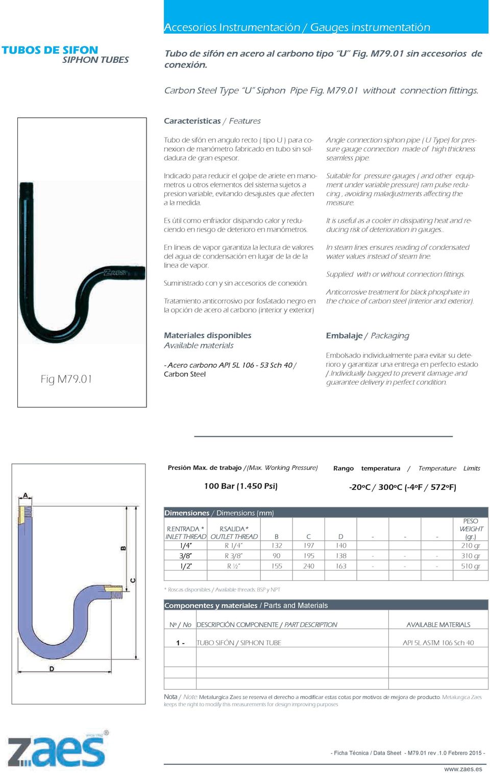 pipe ( U Type) for pressure gauge connection made of high thickness seamless pipe. Fig M79.