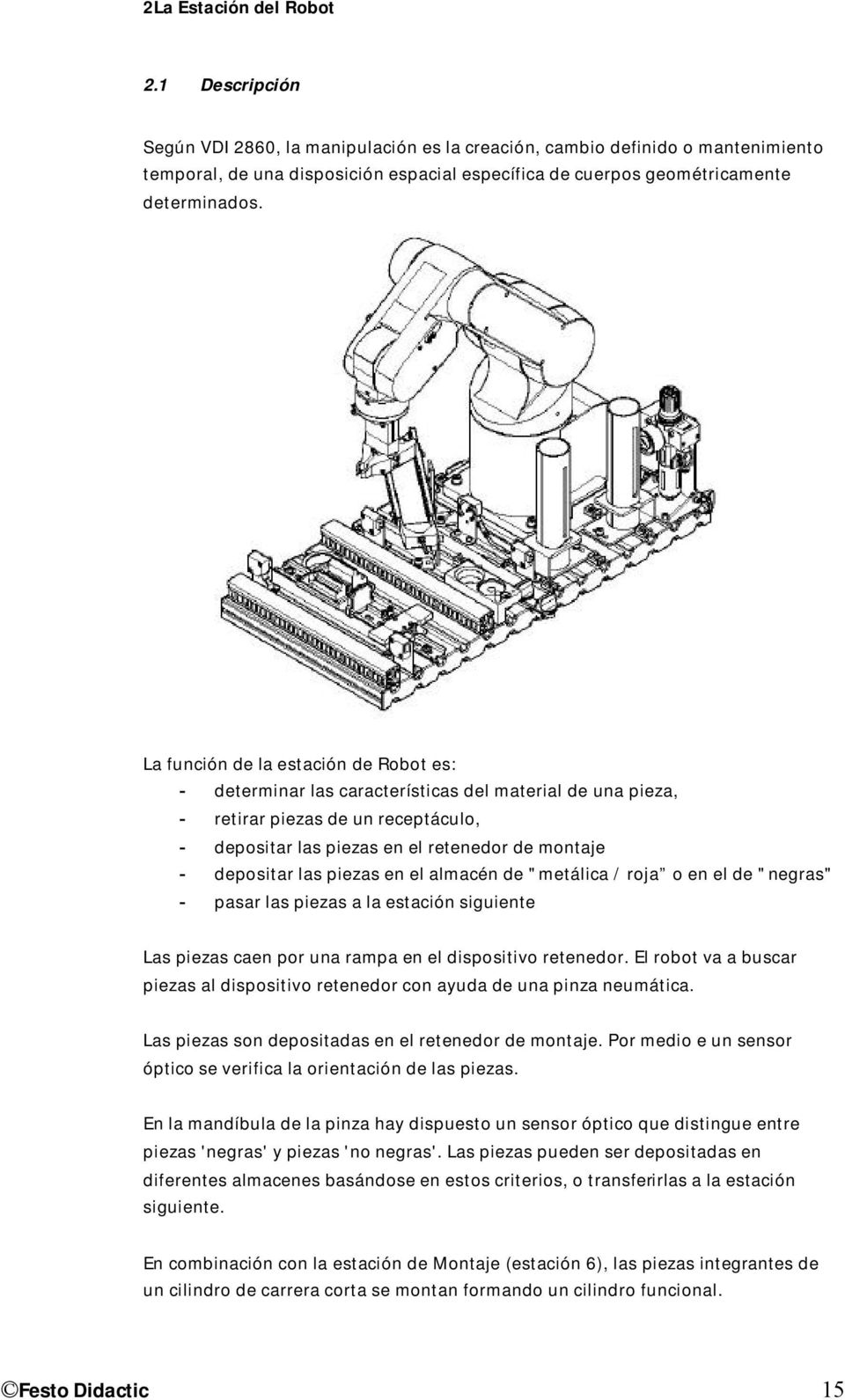 La función de la estación de Robot es: - determinar las características del material de una pieza, - retirar piezas de un receptáculo, - depositar las piezas en el retenedor de montaje - depositar